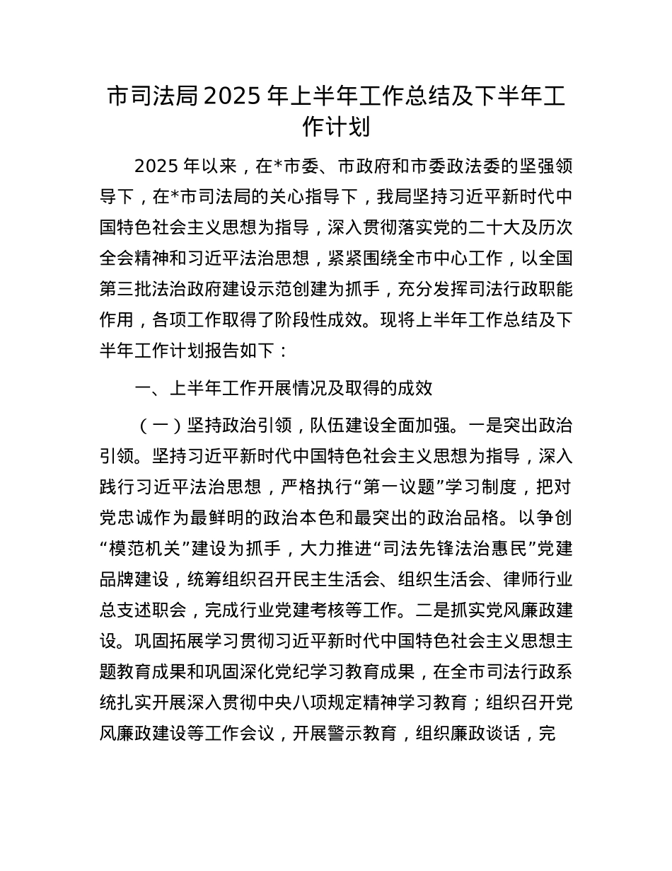 市司法局2025年上半年工作总结及下半年工作计划.docx_第1页