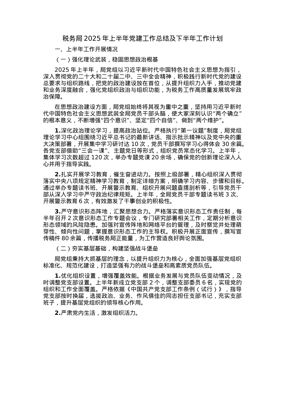 税务局2025年上半年党建工作总结及下半年工作计划.docx_第1页