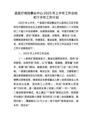 县医疗保险事业中心2025年上半年工作总结和下半年工作计划.docx