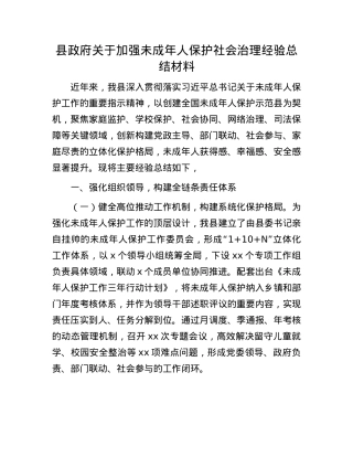 县政府关于加强未成年人保护社会治理经验总结材料.docx