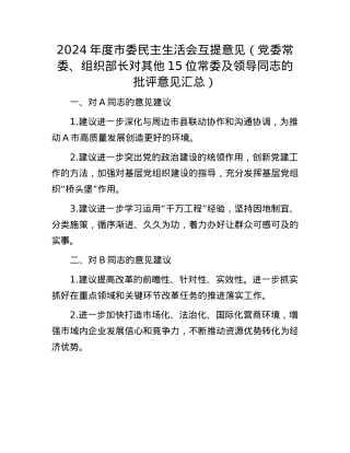 2024年度市委民主生活会互提意见（X委常委、组织部长对其他15位常委及领导同志的批评意见汇总）.docx