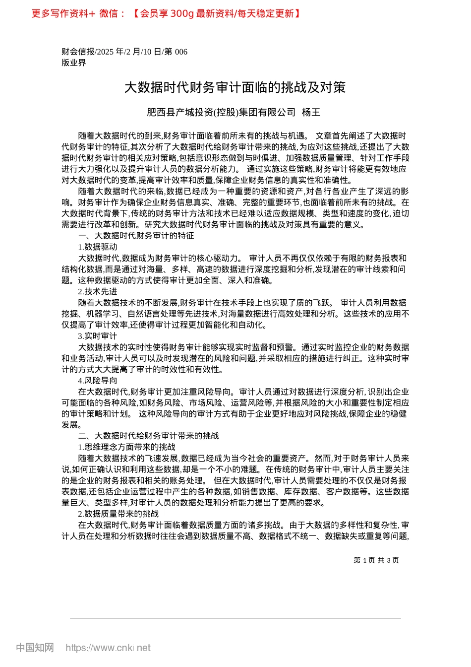 2025.02大数据时代财务审计面临的挑战及对策_肥西县产城投资控股集团有限公司__杨王.docx_第1页