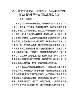 办公室X支部X员干部参加2024年度组织生活会时的批评与自我批评意见汇总.docx
