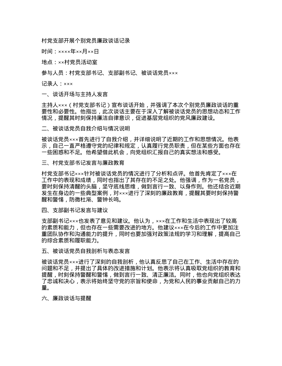 村X支部开展个别X员廉政谈话记录.docx_第1页