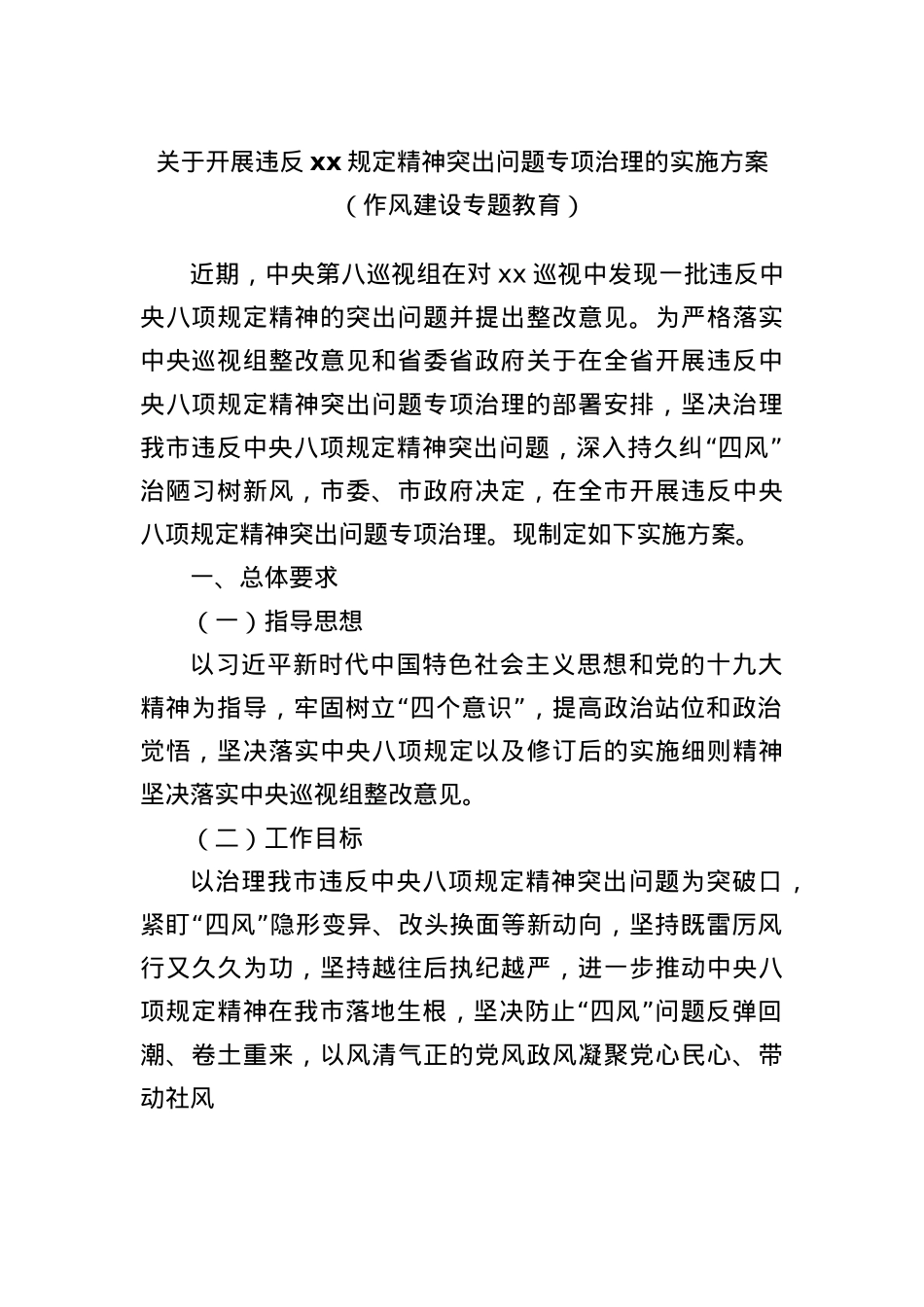 关于开展违反xx规定精神突出问题专项治理的实施方案(作风建设专题教育).docx_第1页