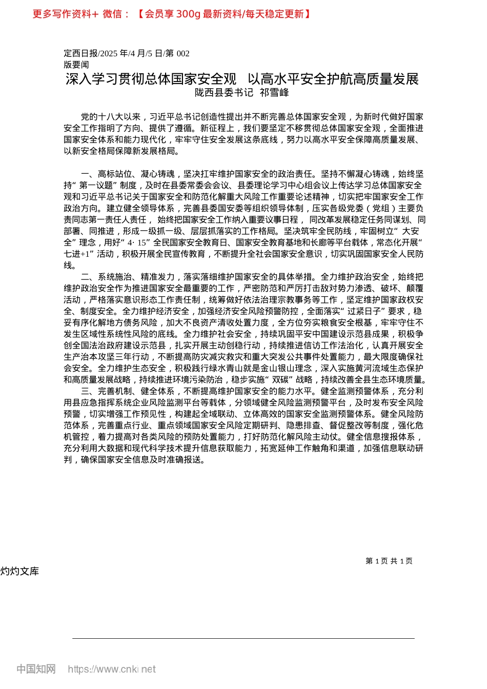 2025.04深入学习贯彻总体国家安全观...以高水平安全护航高质量发展_陇西县委书记__祁雪峰.docx_第1页