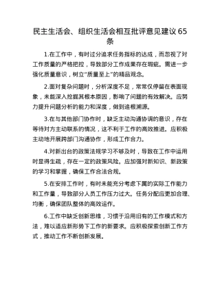 民主生活会、组织生活会相互批评意见建议65条.docx