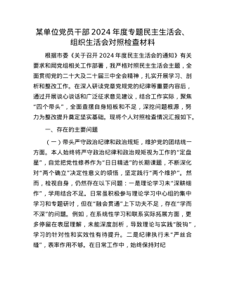 某单位党员干部2024年度专题民主生活会、组织生活会对照检查材料.docx