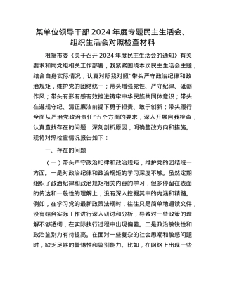 某单位领导干部2024年度专题民主生活会、组织生活会对照检查材料.docx