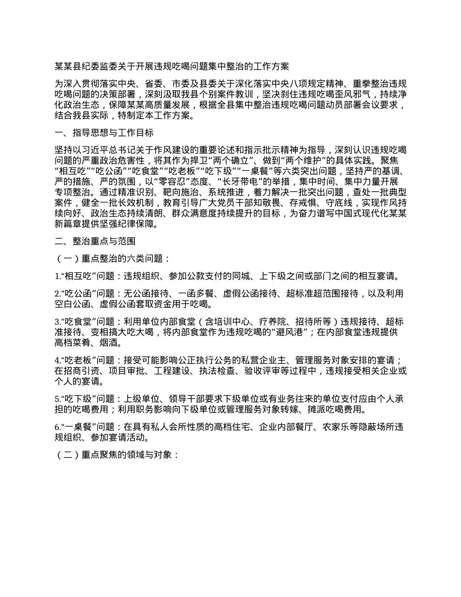 某某县纪委监委关于开展违规吃喝问题集中整治的工作方案.docx_第1页