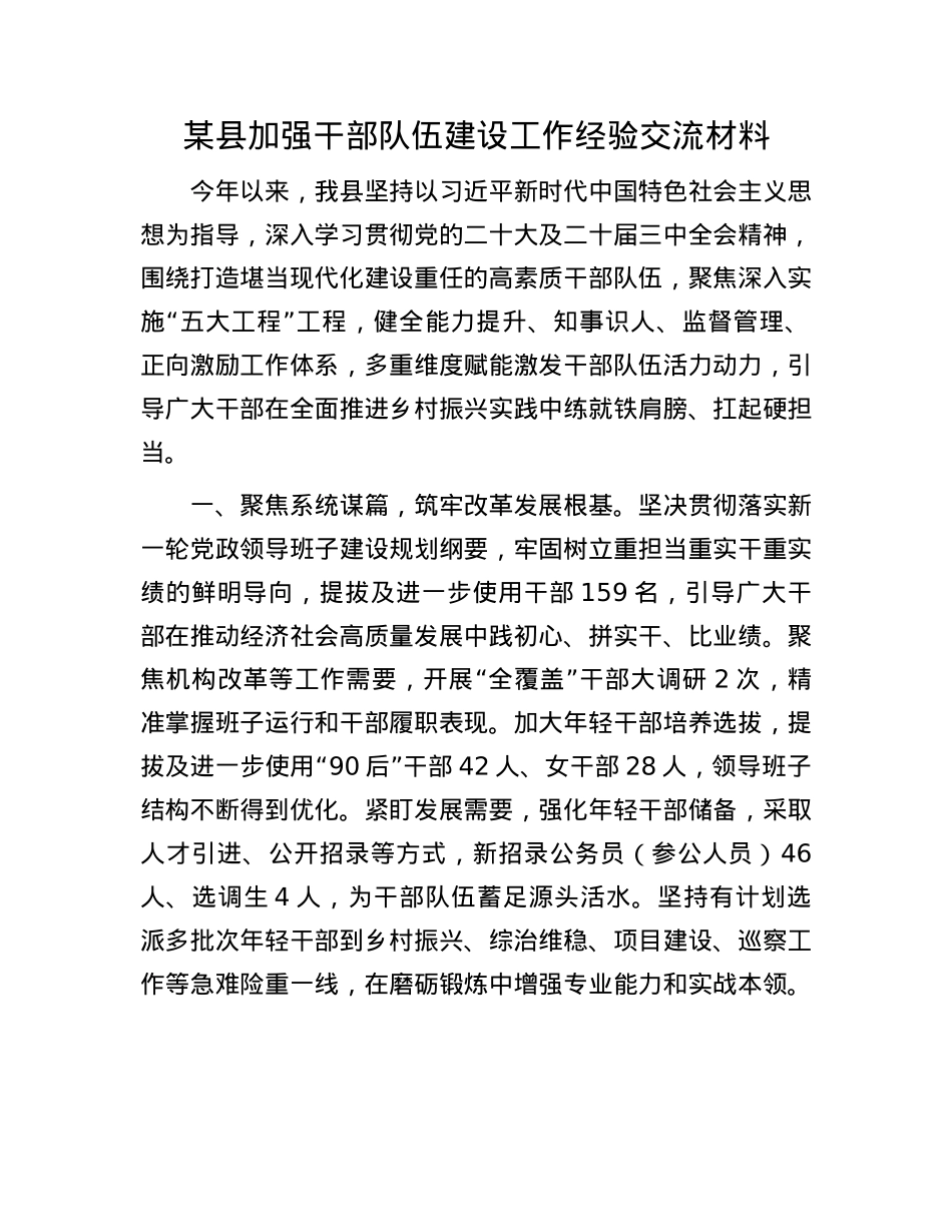 某县加强干部队伍建设工作经验交流材料.docx_第1页
