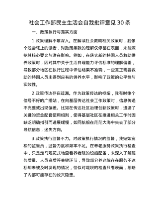 社会工作部民主生活会自我批评意见30条.docx