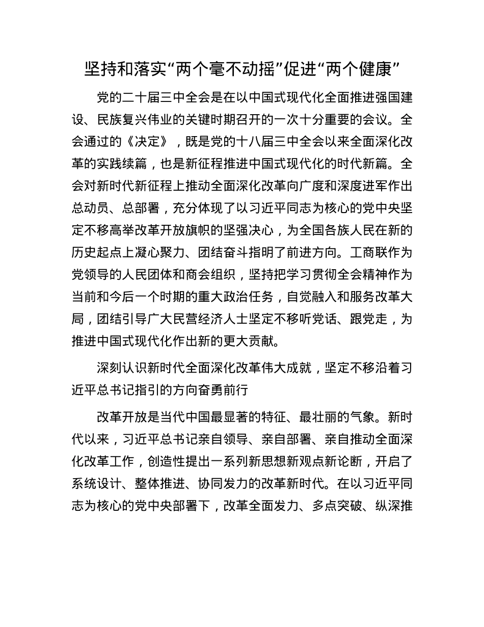 坚持和落实“两个毫不动摇”促进“两个健康”.docx_第1页
