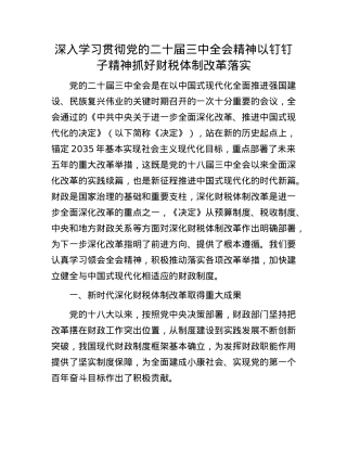 深入学习贯彻X的二十届三中全会精神  以钉钉子精神抓好财税体制改革落实.docx