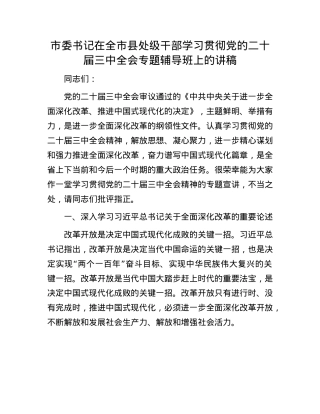 市委书记在全市县处级干部学习贯彻X的二十届三中全会专题辅导班上的讲稿.docx