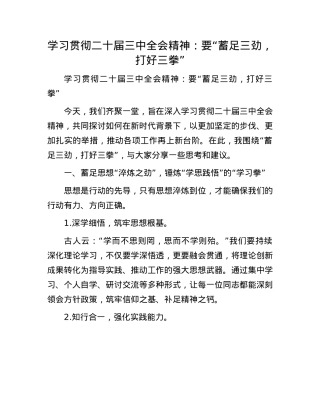 学习贯彻二十届三中全会精神：要“蓄足三劲，打好三拳”.docx