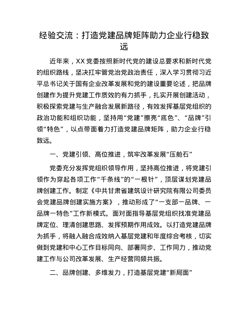 经验交流：打造X建品牌矩阵 助力企业行稳致远.docx_第1页