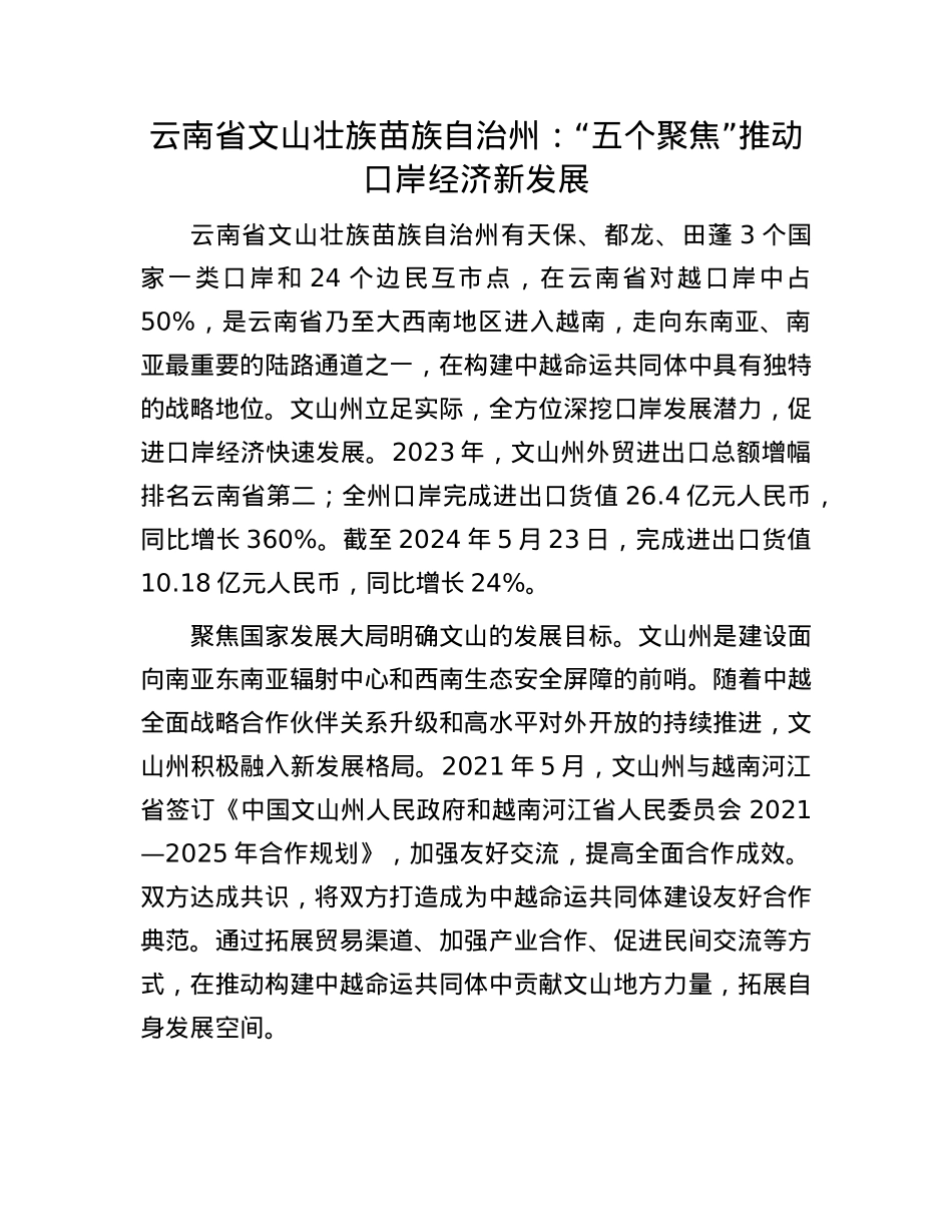 云南省文山壮族苗族自治州:“五个聚焦”推动口岸经济新发展.docx_第1页