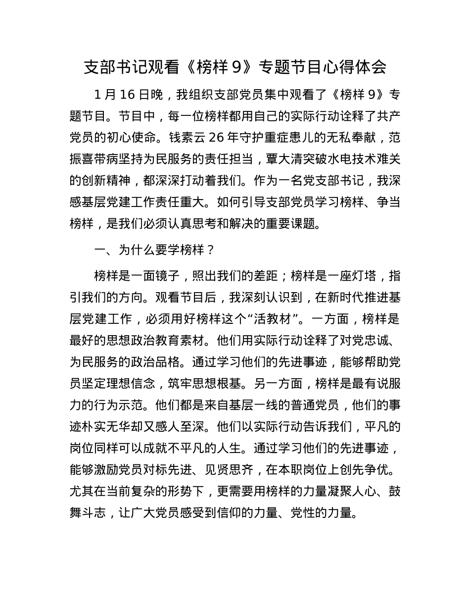 支部书记观看《榜样9》专题节目心得体会(1).docx_第1页