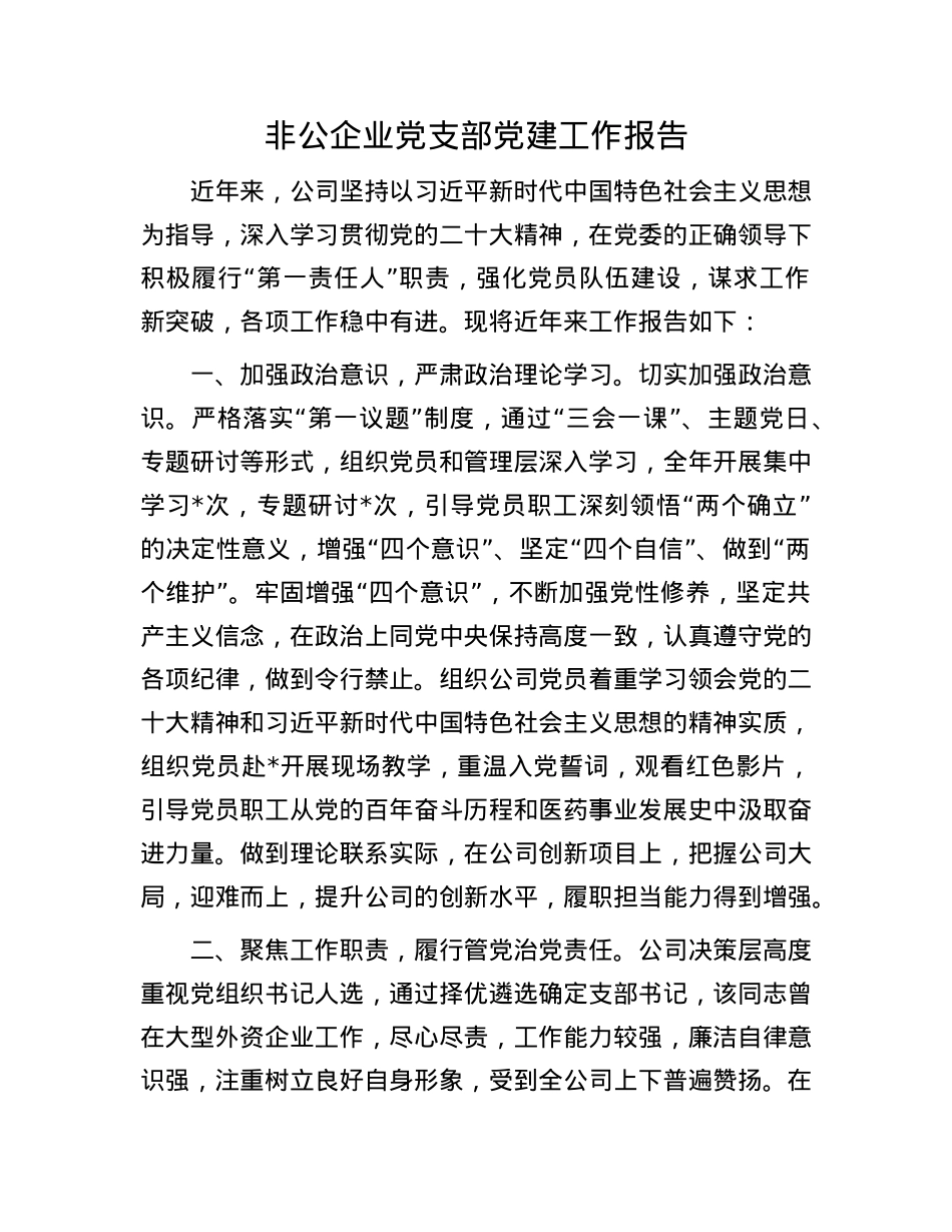 非公企业X支部X建工作报告.docx_第1页