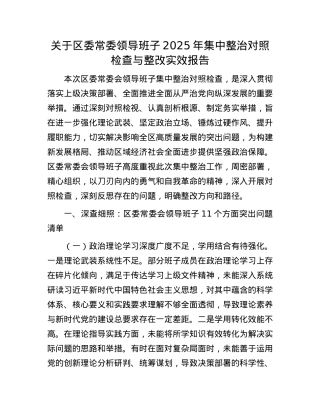 关于区委常委领导班子2025年集中整治对照检查与整改实效报告.docx