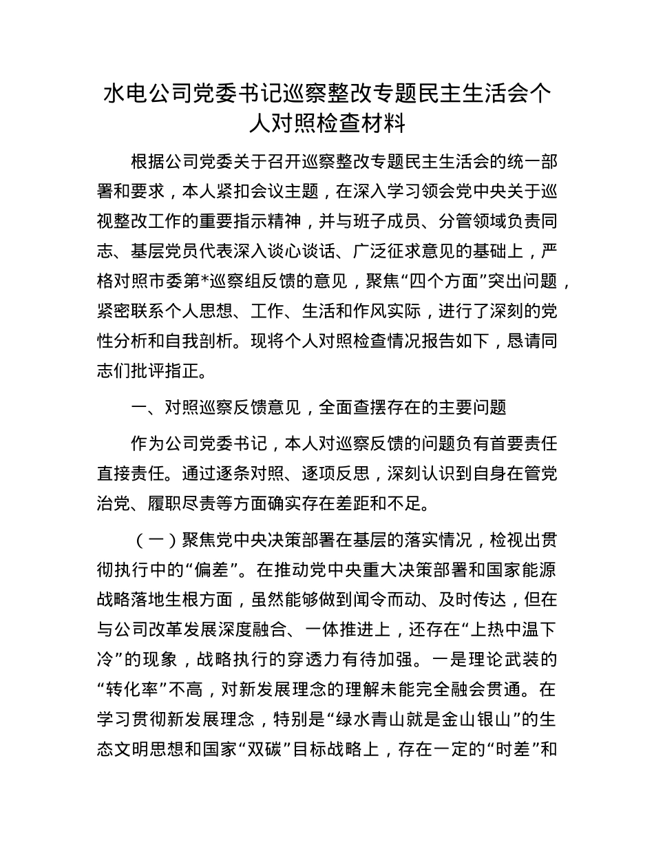 水电公司X委书记巡察整改专题民主生活会个人对照检查材料.docx_第1页