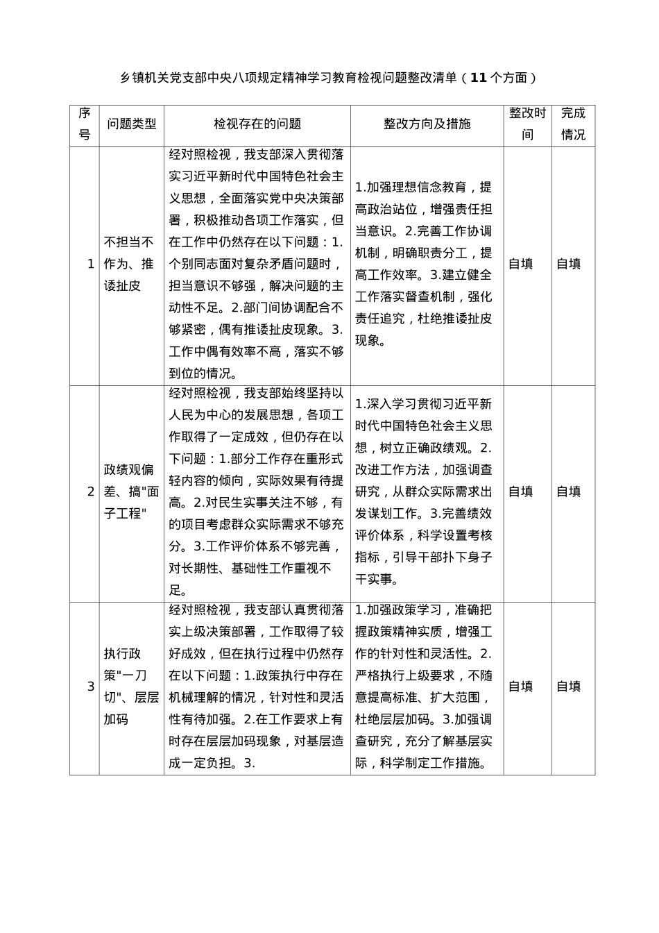乡镇机关X支部中央BXGD精神学习教育检视问题整改清单（11个方面）.docx_第1页
