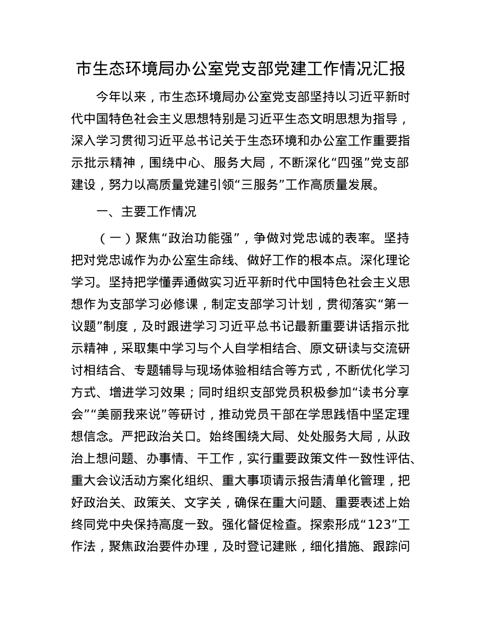 市生态环境局办公室X支部X建工作情况汇报.docx_第1页