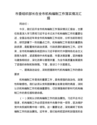 市委组织部长在全市机构编制工作落实情况汇报.docx