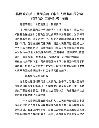 县民政府关于贯彻实施《中华人民共和国社会保险法》工作情况的报告.docx