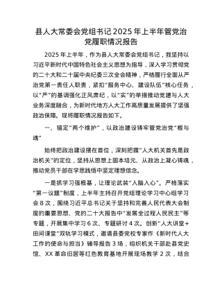 县人大常委会X组书记2025年上半年管X治X履职情况报告.docx