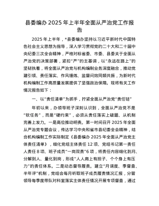 县委编办2025年上半年全面从严治X工作报告.docx