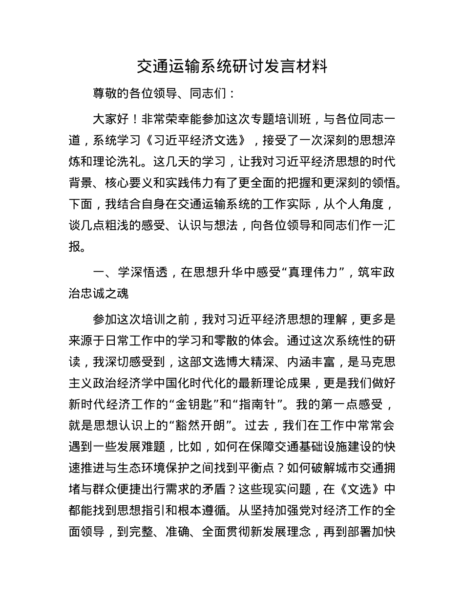 交通运输系统研讨发言材料.docx_第1页