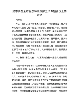 某市长在全市生态环境保护工作专题会议上的讲话.docx