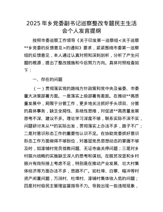 2025年乡X委副书记巡察整改专题民主生活会个人发言提纲.docx