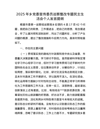2025年乡X委宣传委员巡察整改专题民主生活会个人发言提纲.docx