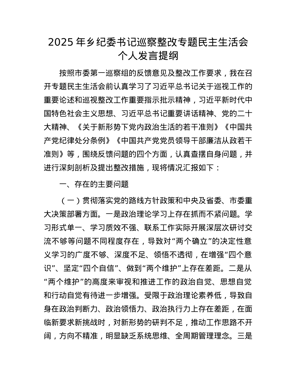 2025年乡纪委书记巡察整改专题民主生活会个人发言提纲.docx_第1页