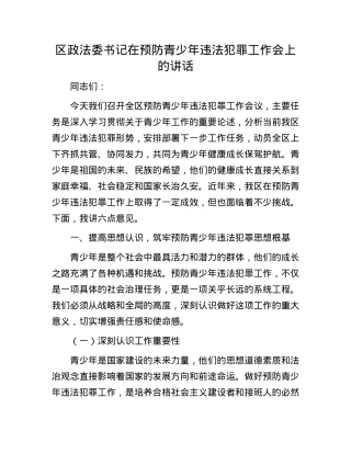 区政法委书记在预防青少年违法犯罪工作会上的讲话.docx