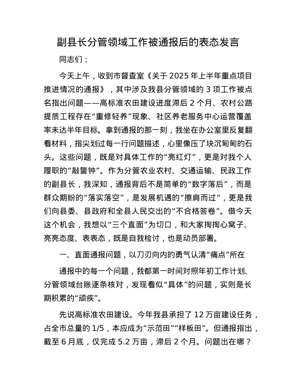 副县长分管领域工作被通报后的表态发言.docx_第1页