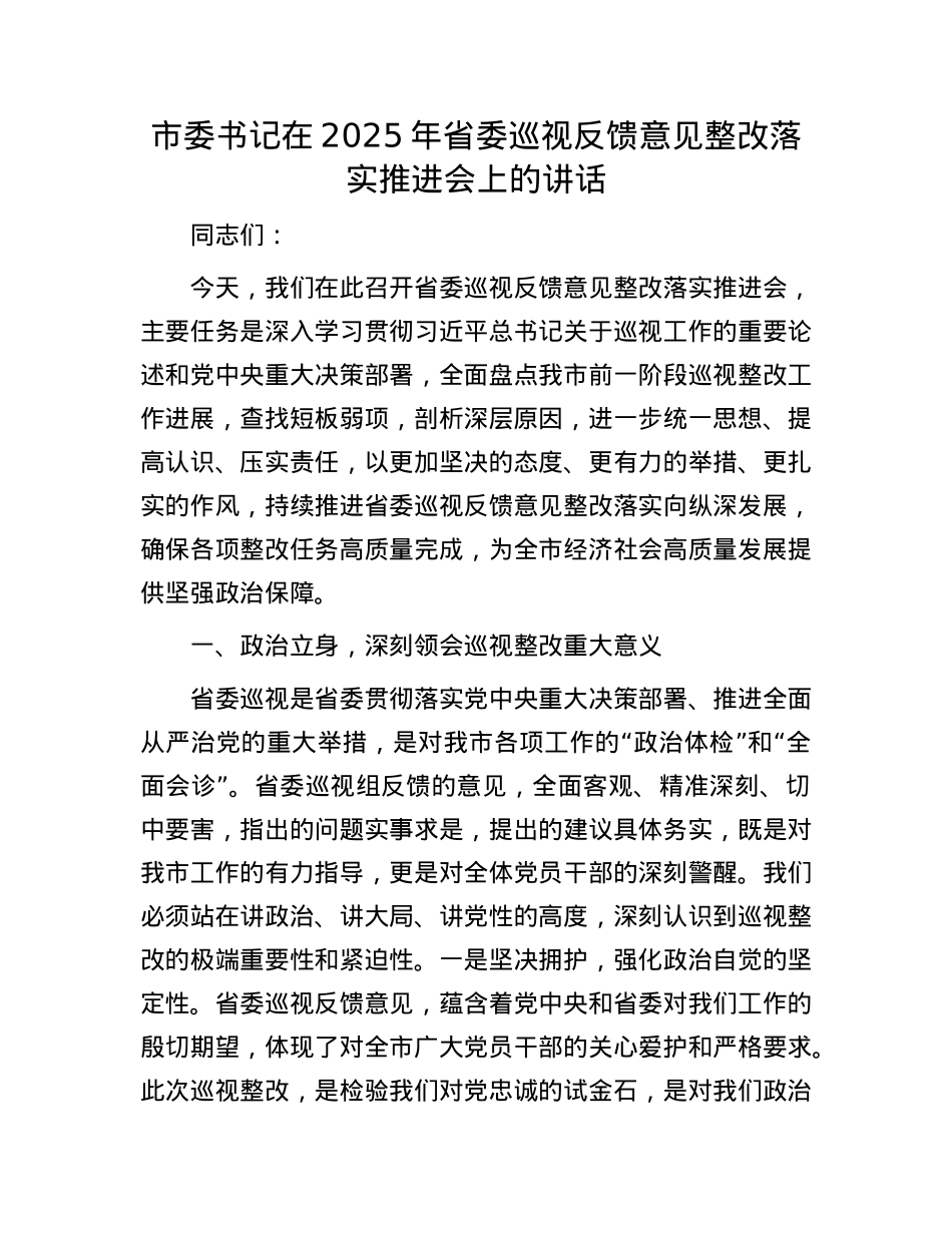 市委书记在2025年省委巡视反馈意见整改落实推进会上的讲话.docx_第1页