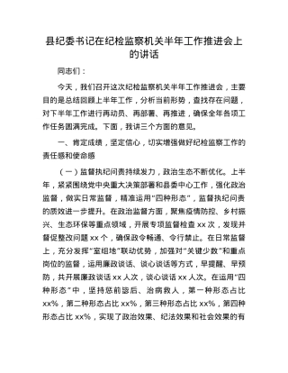 县纪委书记在纪检监察机关半年工作推进会上的讲话.docx