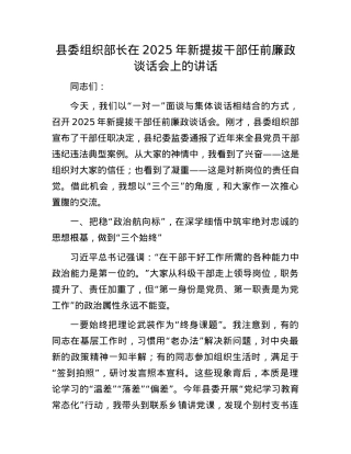 县委组织部长在2025年新提拔干部任前廉政谈话会上的讲话.docx