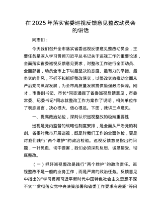 在2025年落实省委巡视反馈意见整改动员会的讲话.docx