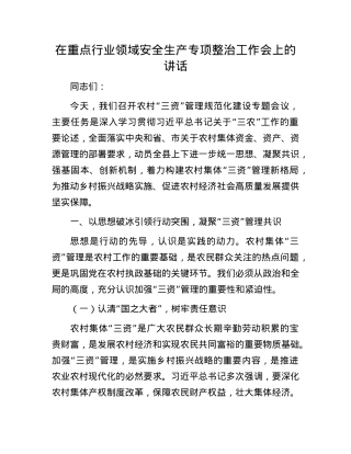 在重点行业领域安全生产专项整治工作会上的讲话.docx